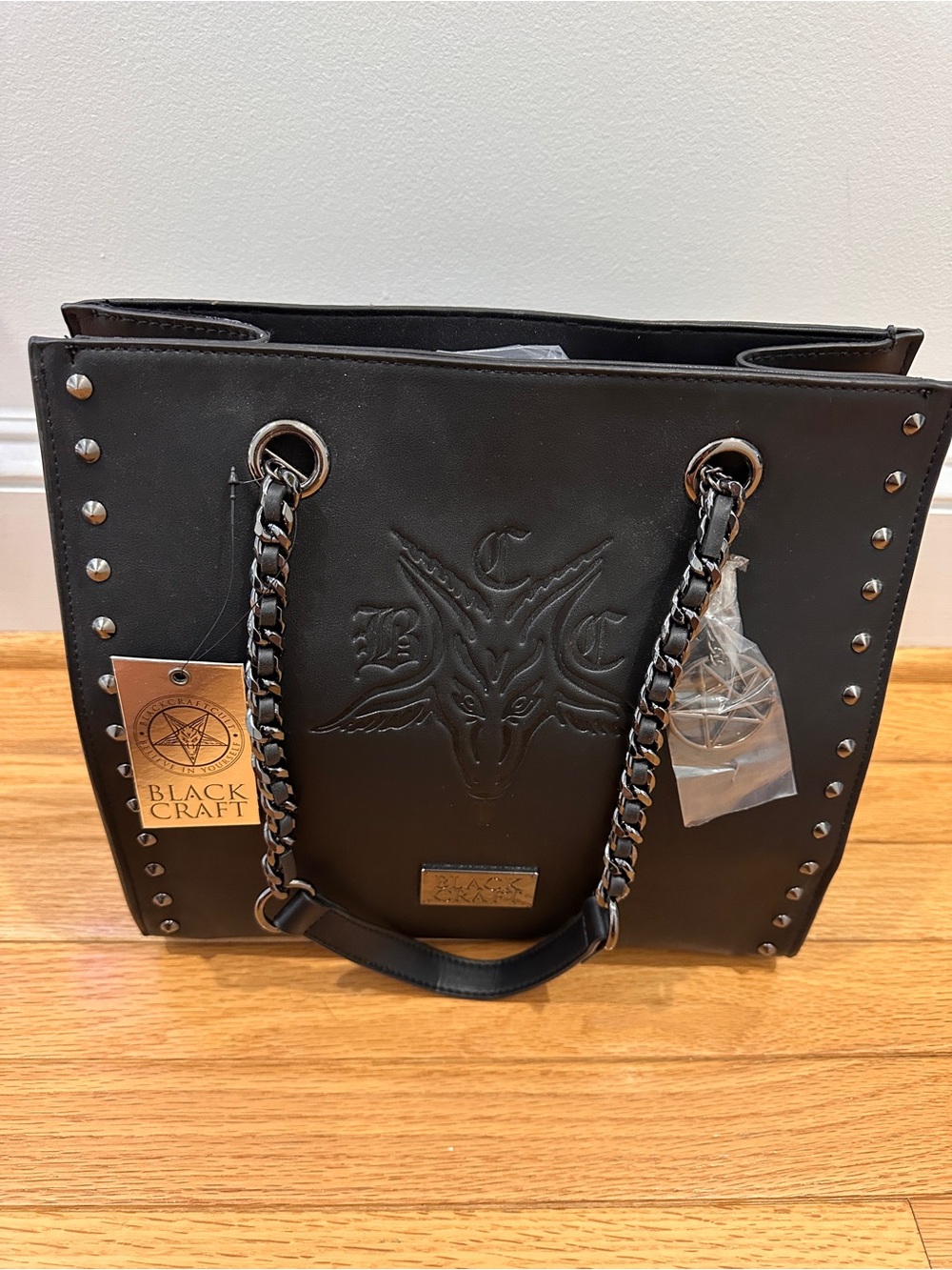 NWT Blackcraft Black Studded Shoulder Bag with Chain Handles - Picture 11 of 12